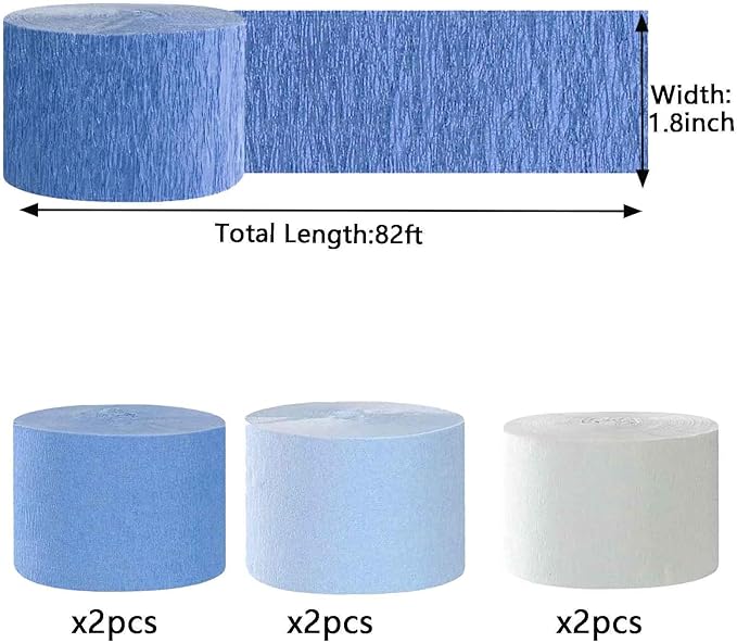 We Moment Dusty Blue Light Blue White Crepe Paper Streamers 1.8 Inch Widening 6 Rolls, 82 Feet per Roll for Birthday, Baby Shower, Wedding Party Decorations