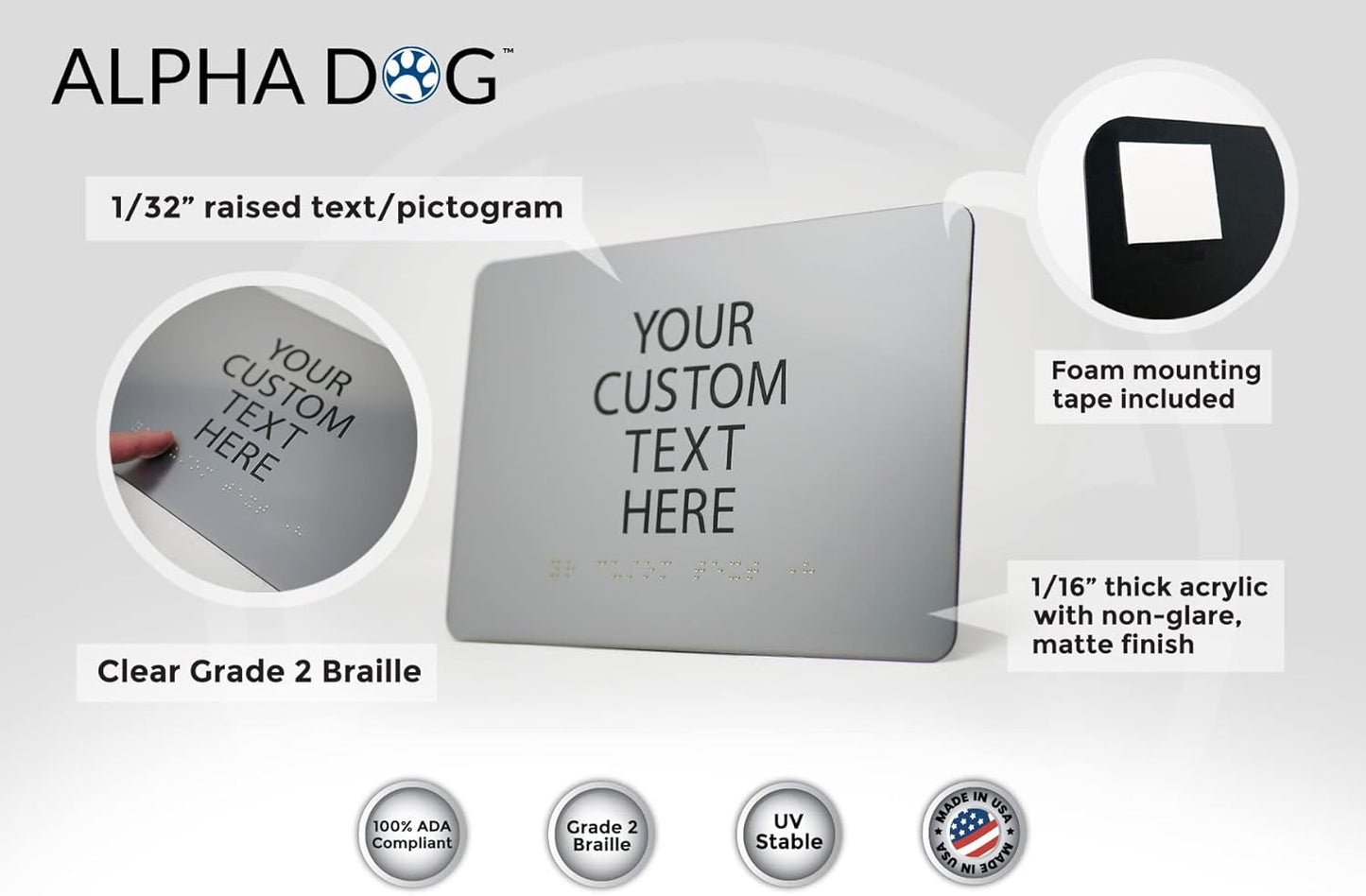 ALPHA DOG ADA SIGNS Custom ADA Compliant Braille Sign, 6"x9" Room Identification Plaque, Tactile Text, Raised Letters, Personalized 4-Line, Indoor/Outdoor, USA-Made (Brushed Stainless)