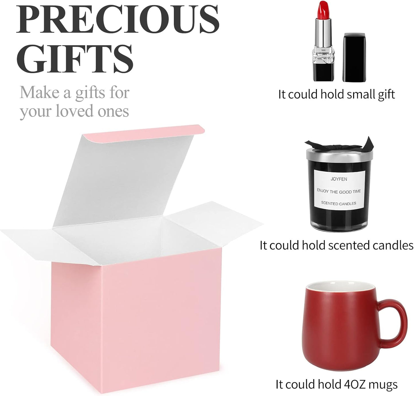 COTOPHER Small Gift Boxes 60 Pack 4x4x4 inches Pink Gift Boxes with Lids for Gifts, Crafting, Wedding Party Favor, Cupcake Boxes, Candy, Bridesmaids Proposal Box with Ribbons and Stickers (Pink, 60