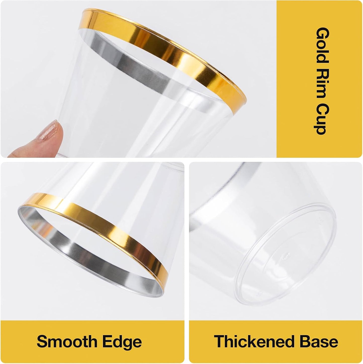 Goodluck 200PCS 9oz Gold Plastic Cups for Party, Disposable Gold Rim Cups, Plastic Cocktail Glasses for Wedding Thanksgiving, Christmas, and Parties