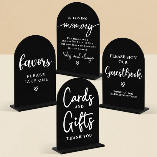 4 Pcs Acrylic Wedding Signs for Ceremony and Reception, Bridal Shower Decorations, Cards and Gifts Signs, Guest Book Sign, Arch Acrylic Table Top Sign with Holder for Wedding Reception (Black)