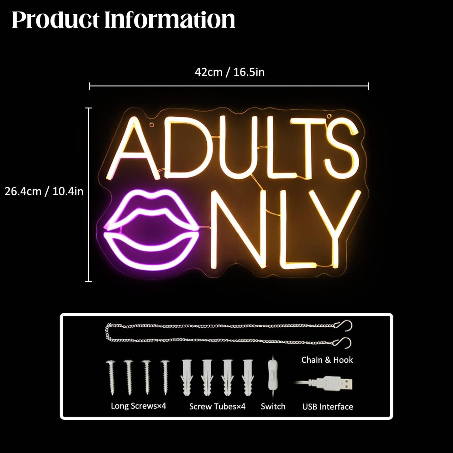 Adults Only Neon Sign Pink Lip LED Neon Lights Signs Sexy Neon Light Neon Bar Sign Orange Letter Neon Wall Sign Neon Signs for Bedroom Bar Man Cave Hotel Party Wall Decor USB with Switch