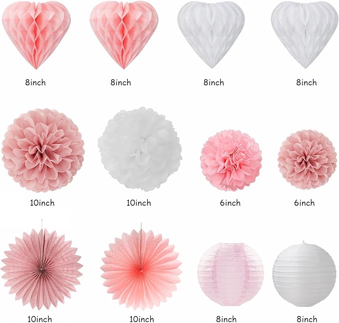 Blush-Light Pink Valentines-Day Galentines Party-Decorations - 22pcs Rose Gold Be Mine Love Banner,White Paper Lanterns Honeycomb Balls,Tissue Pom Poms Flowers Fans,Happy Anniversary Decor Hugmoon