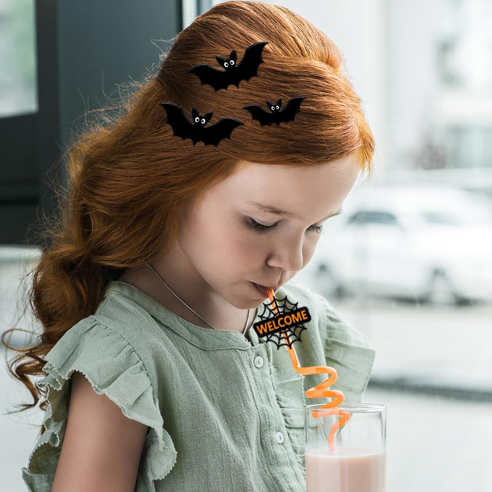 24 Pcs Halloween Party Favors - Reusable Plastic Crazy Straws with Bats, Pumpkin, Witch, Ghost Designs & 2 Cleaning Brushes