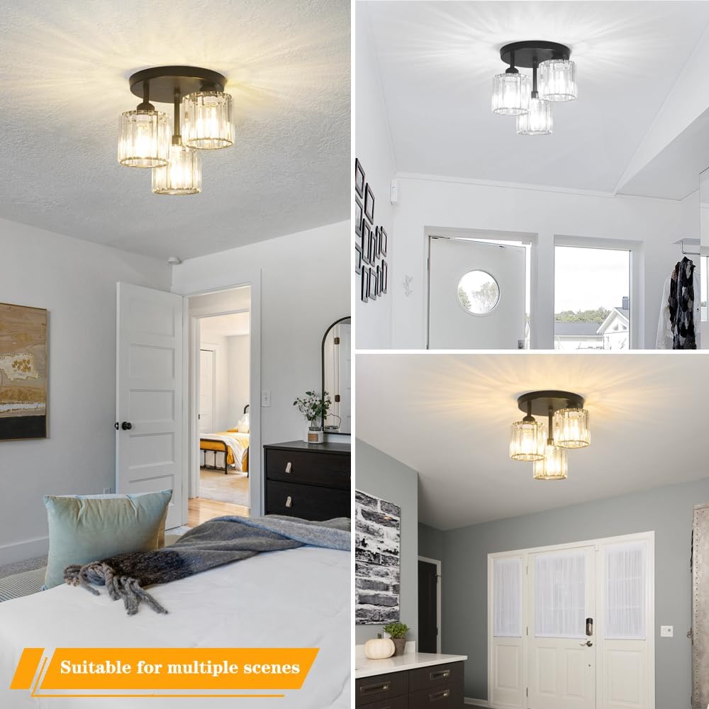 Crystal Semi Flush Mount Ceiling Light, 3-Light Modern Close to Ceiling Light Fixtures, Black Kitchen Light Fixtures with Clear Crystal Shade, Hallway Light Fixtures for Hallway Bedroom Bathroom, E26
