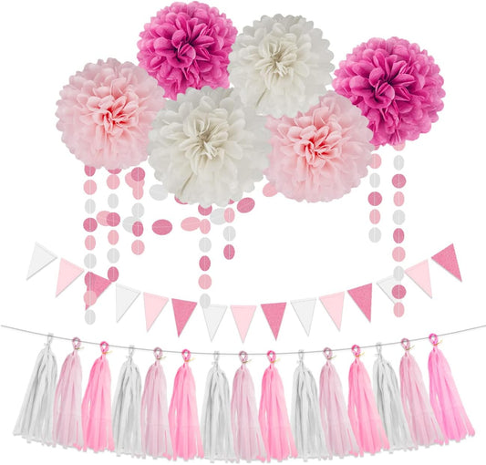 Hot Pink White Party Decorations - 23pcs Tissue Paper Flower Pom Poms Tassel Garland Pennant Banner Flags Streamers Women Girl Birthday Baby Bridal Shower Engagement Bachelorette Wedding Hanging Decor