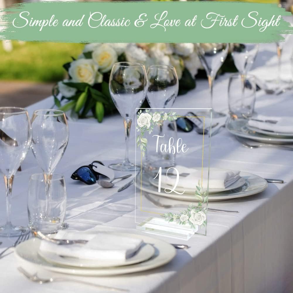 OurWarm White Rose Acrylic Wedding Table Numbers 1-20, 4x6 Inch Printed Calligraphy Table Number with Stands, Clear Numbers Signs and Holders, Perfect for Wedding Reception Anniversary Event