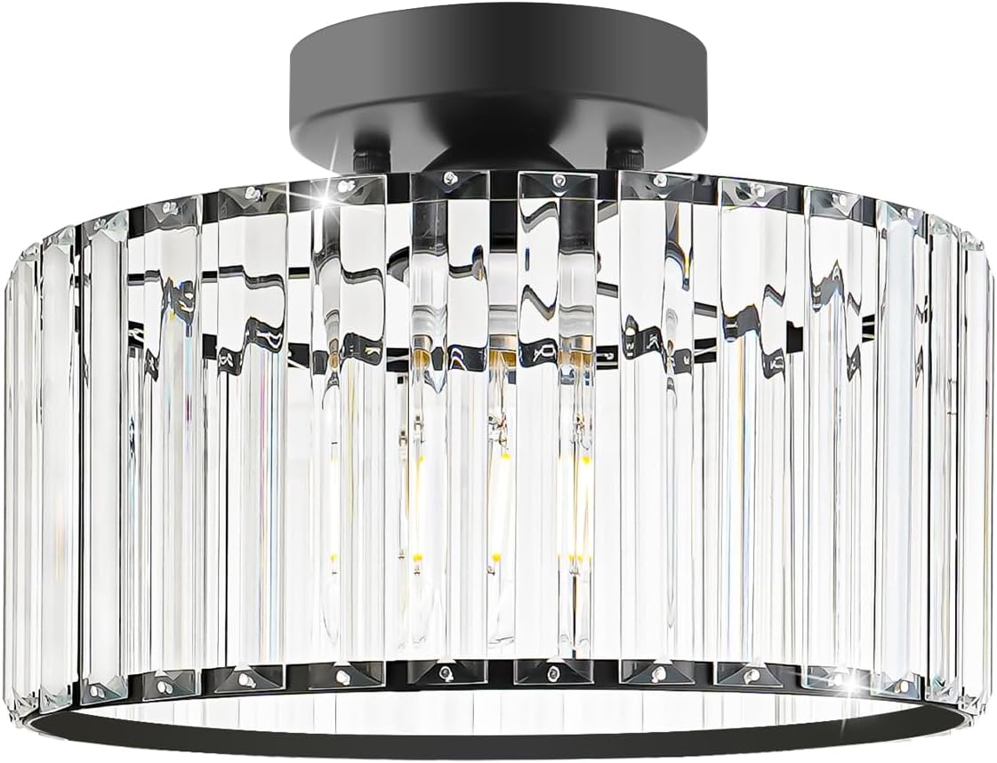 Crystal Ceiling Light Fixture, Modern Semi Flush Mount Ceiling Light, Black Close To Ceiling Light Fixtures, Crystal Chandelier Entryway Light, 11in Chandelier for Bedroom Porch Kitchen Living Room