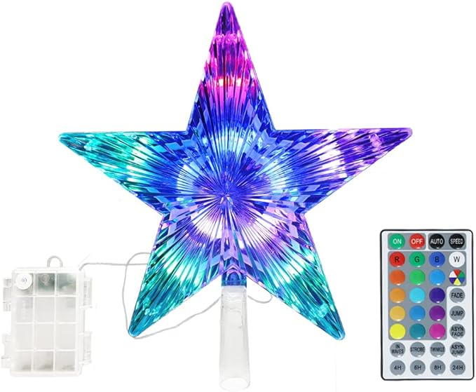 Christmas Star Trees Topper Light 9.5inch 24 Modes Color Changing with Versatile Remote Controller 3AA Battery Powered Christmas Tree Topper Party Home Decoration（Indoor and Outdoor ）