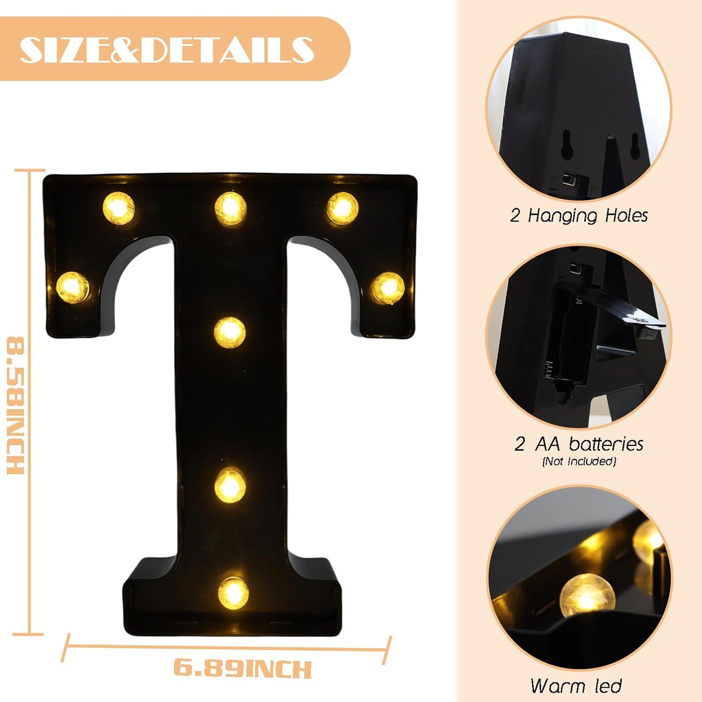 Led Marquee Letters, 8.58 Inch Black Light Up Letters, Small Led Letter Lights, Battery Powered Lighted Letterfor Table, Party, Birthday, Christmas Decor (Black, Letter T)