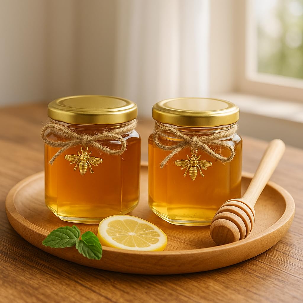 50 Pack 1.5 oz Hexagonal Honey Jars for Honey with Wooden Dipper bee Charms Thank You Cards Burlap Fabric Twine String for Baby Shower Wedding Party Favors Gifts