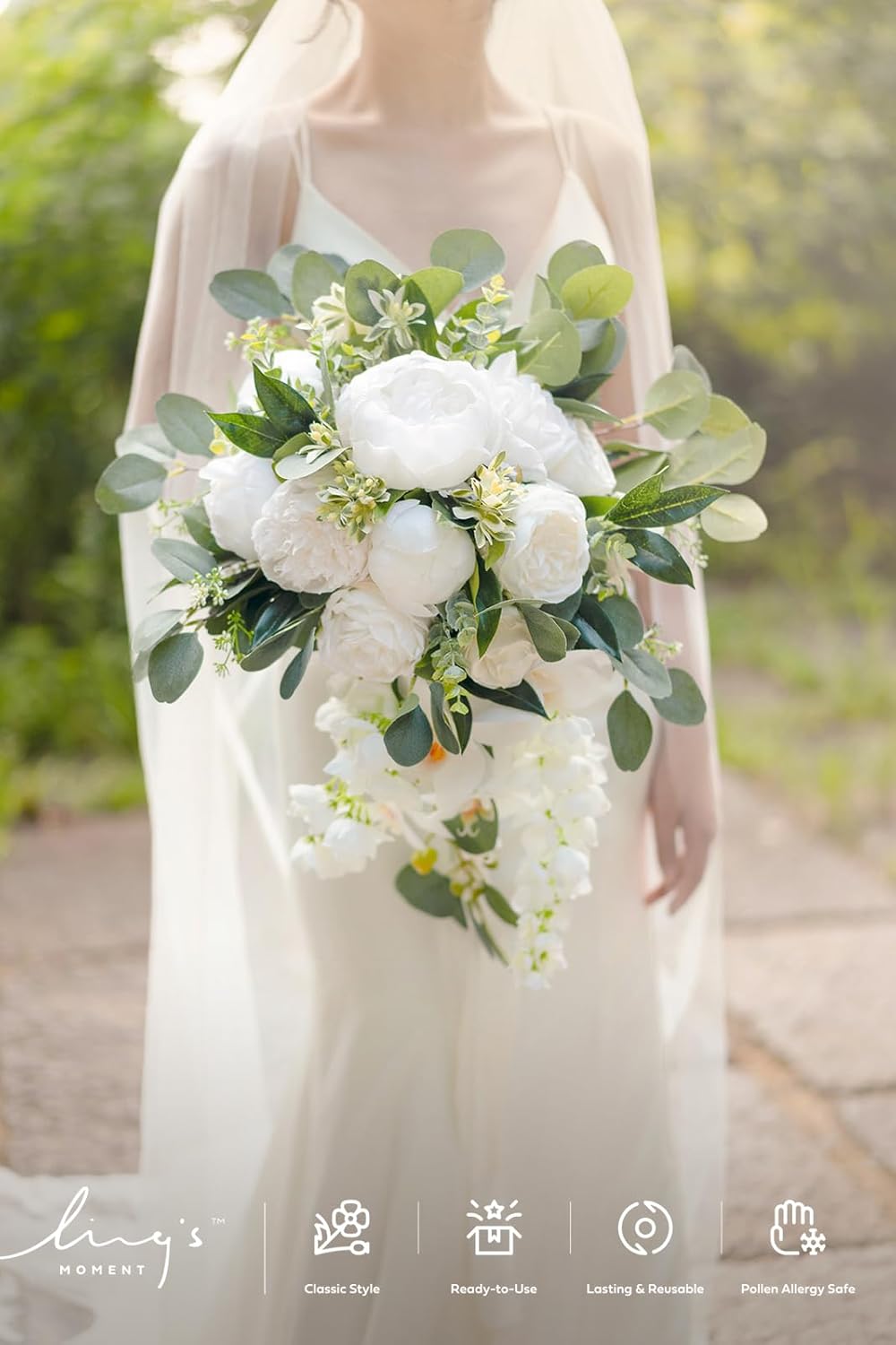 Ling's moment White Bridal Bouquet Cascading, White Wedding Bouquets for Bride, 13 Inch Ivory Bride Bouquets for Wedding Artificial Flowers Bouquets