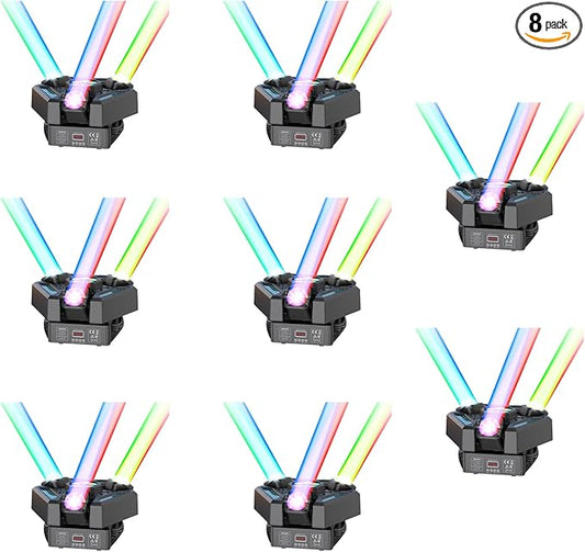 8PCS 180W 3-Head Moving Head Light 9 Beam Stage Light with Remote Control Sound Activation & DMX Control for DJ Parties Wedding Home Theater Small Venue Lighting