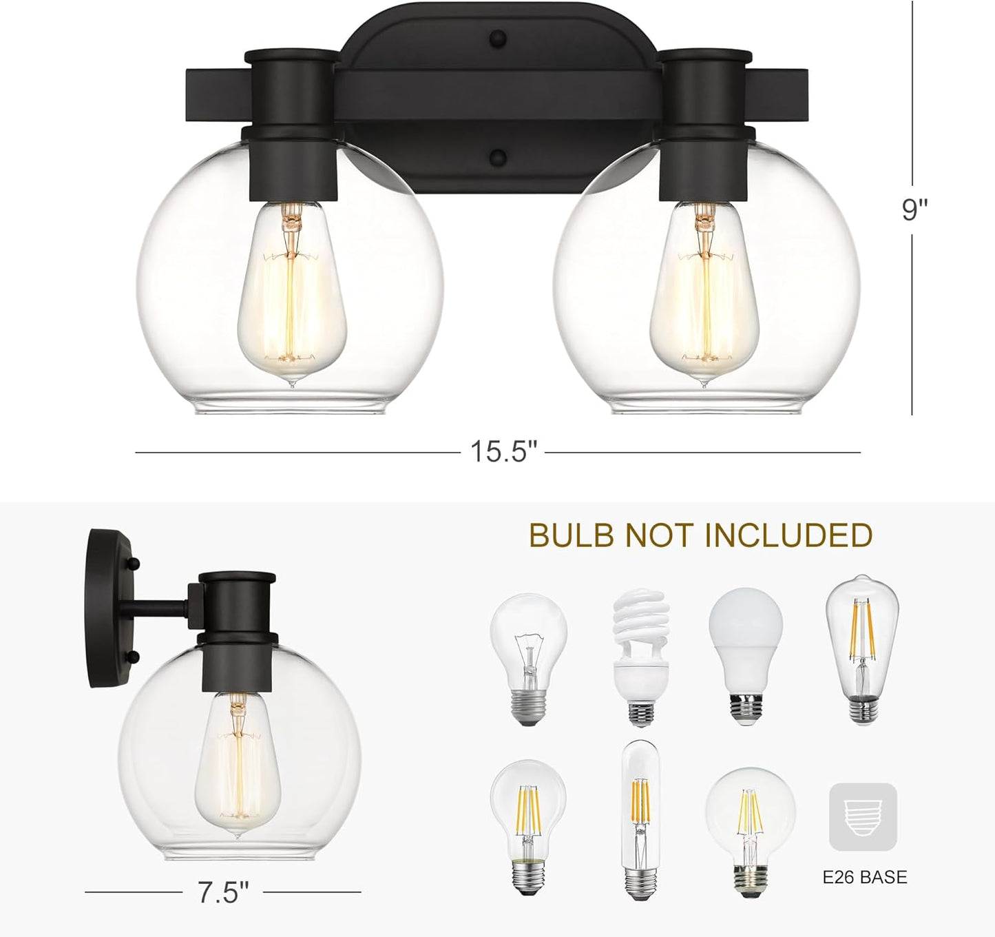 Dan Modern Farmhouse 2-Light Vanity Light Wall Sconce Lighting with Clear Glass Globe Shade in Light Black Finish for Bedroom, Hallway, Kitchen