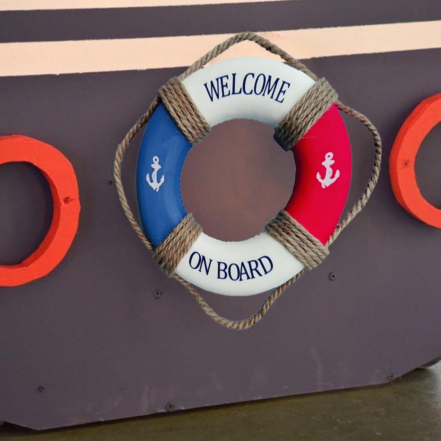 MorroMorn Lifebuoy Wall Hanging Decor - Welcome Aboard Mediterranean Style Home Decoration Hemp Rope (Red, 14")