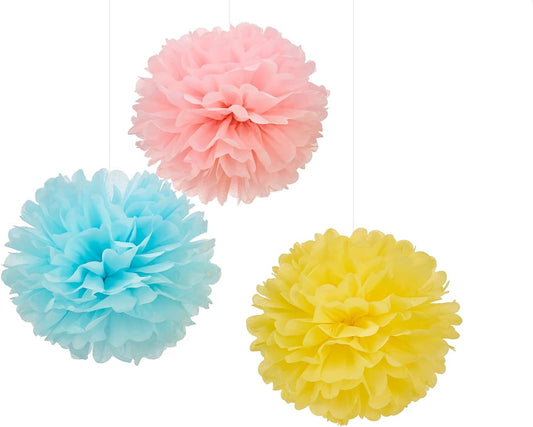 WEVEN Tissue Pom Poms Tissue Paper Flowers Tissue Fluff Balls Party Decorations 12-Inch Pack of 12 (Pink, Blue, Yellow)