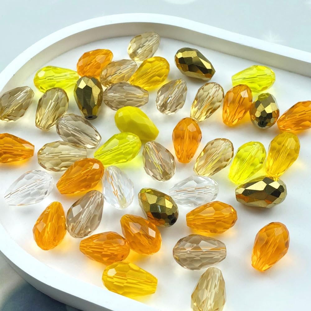 200pcs 4x6mm Teardrop Crystal Glass Beads Vertical Hole Faceted Loose Spacer Beads for DIY Craft Jewelry Making Necklace Bracelet Earring Wind Chimes(Yellow Series)
