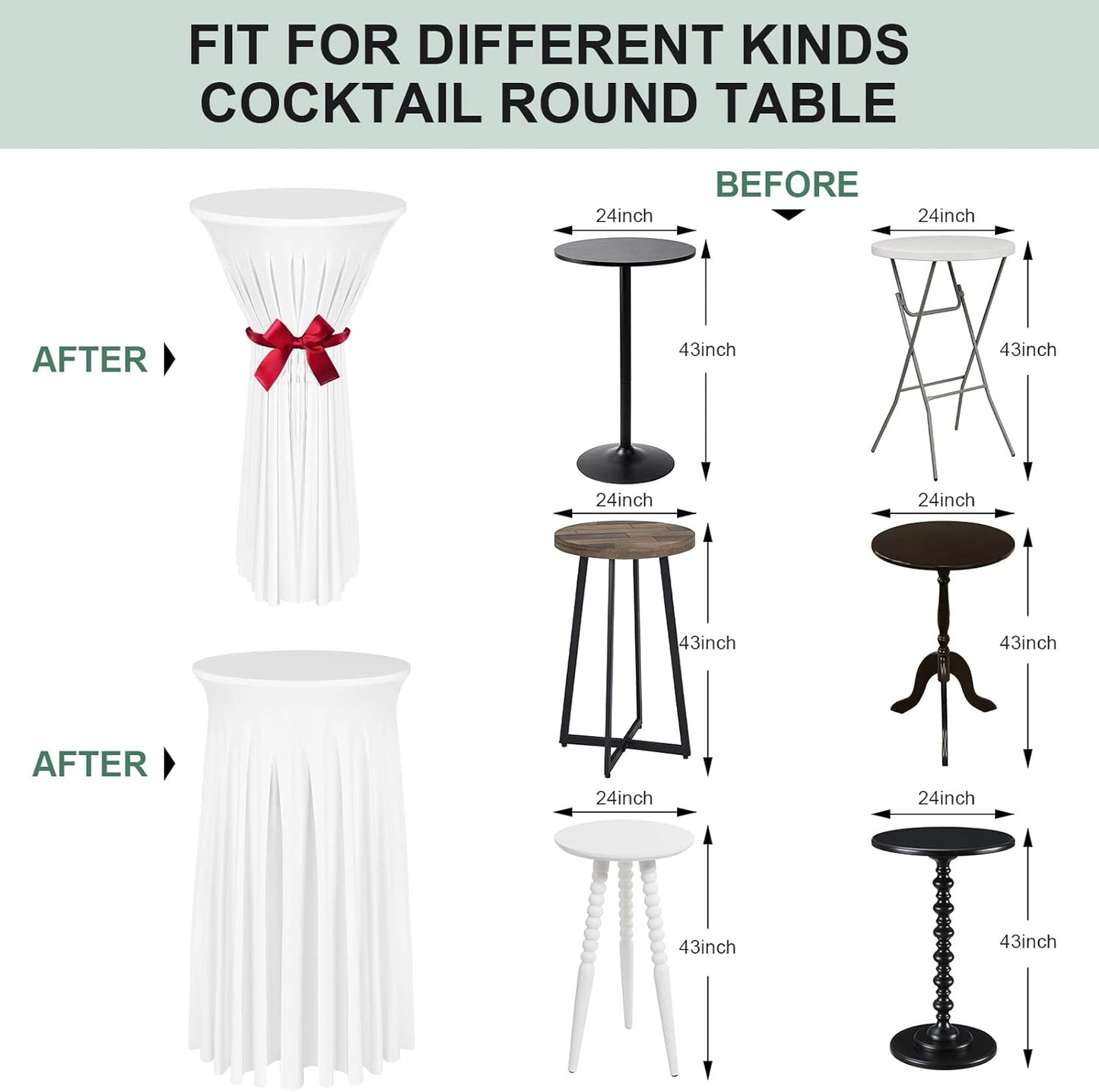 Cocktail Table Covers - 2 Pack 24"x 43" White Cocktail Table Tablecloth with Natural Wavy Round Skirt for Bar Wedding Party Banquet