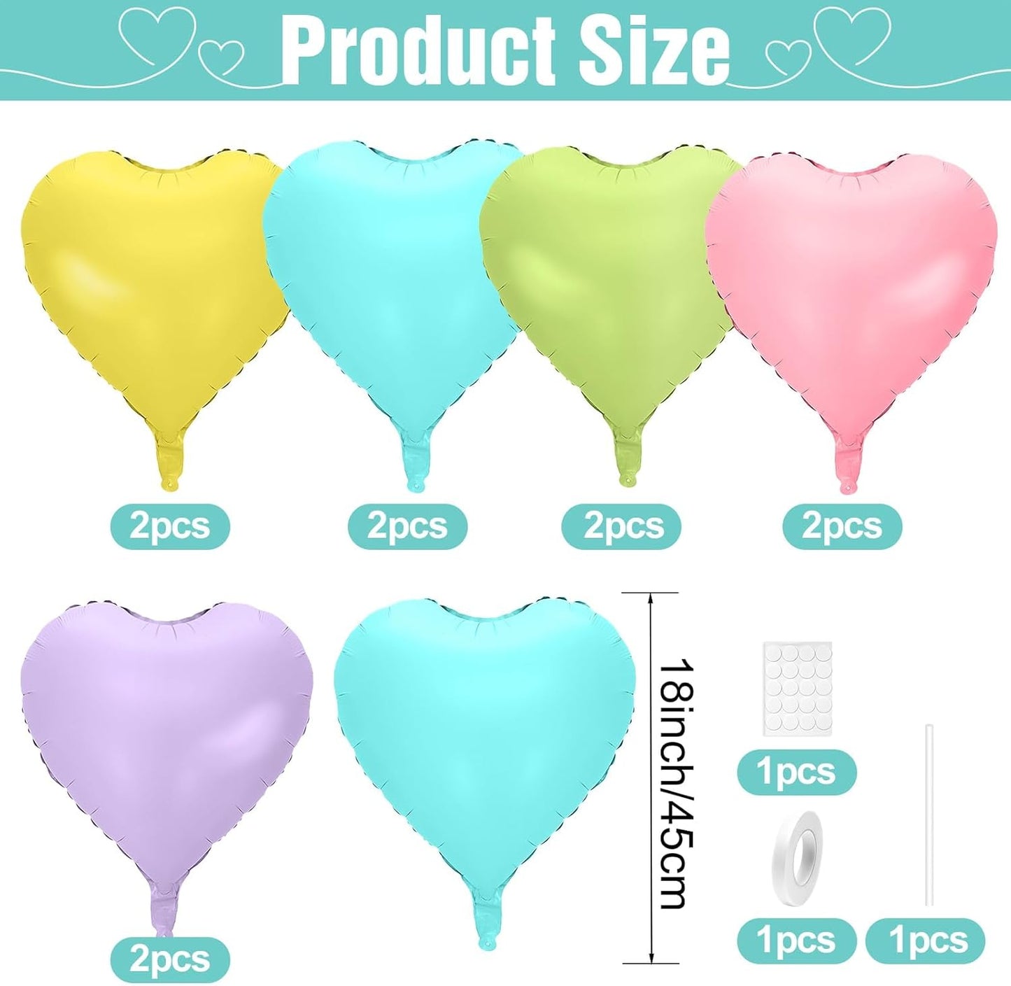 Pastel Colorful Heart Balloons,10Pcs Rainbow Foil Heart Shaped Balloons,18Inch Pink Blue Yellow Green Purple Helium Balloon for Valentines,Engagement,Birthday,Baby Shower,Wedding Party Decorations