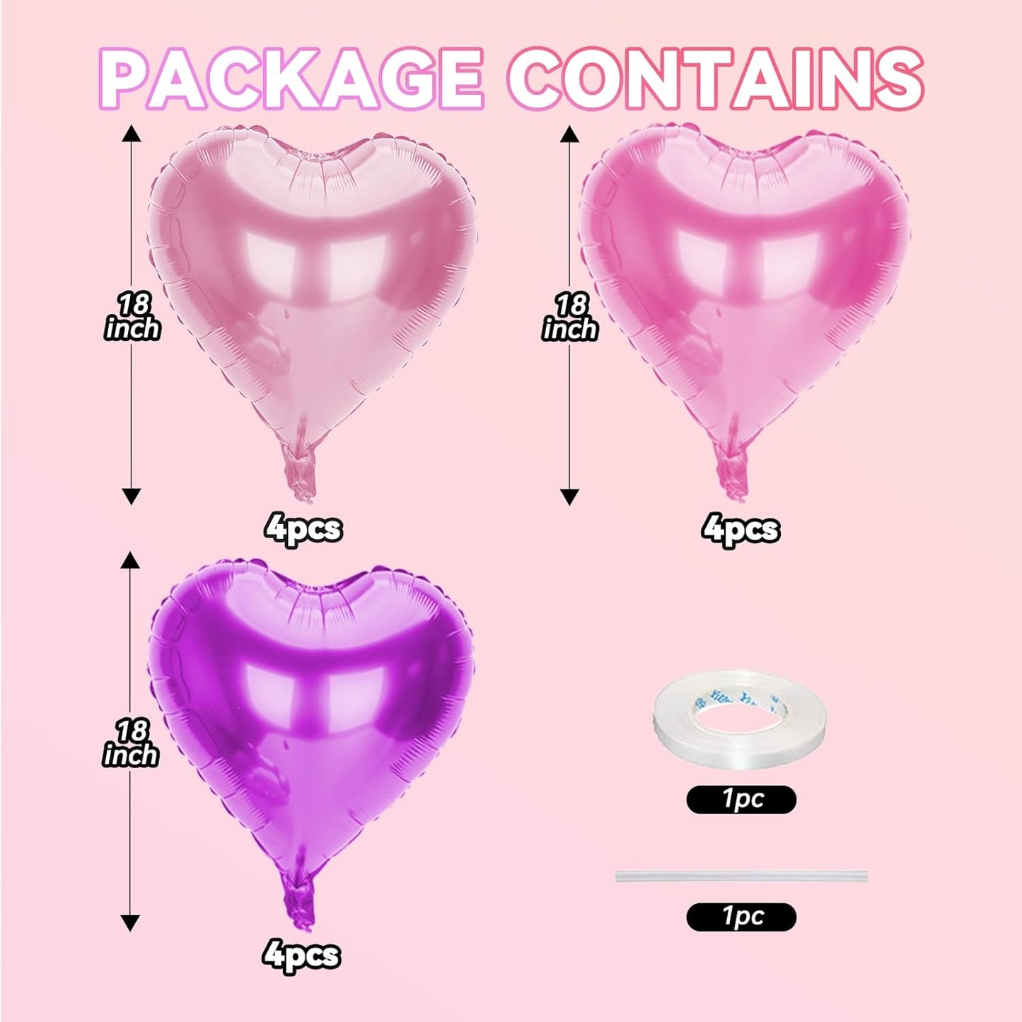 12 Pcs Heart Balloons, 18 inch Pink Purple Heart Shaped Balloon, Big Helium Foil Hot Pink Purple Balloons for Wedding Baby Shower Anniversary Backdrop Valentine Women Girl Party Decoration