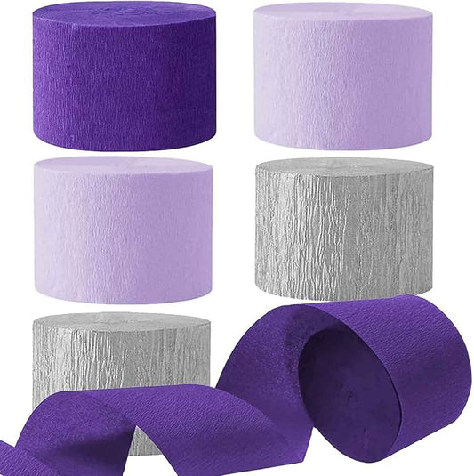 We Moment Purple Crepe Paper Streamers Party Silver Streamer 1.8 Inch Widening 6 Rolls, Party Streamer 82 feet per roll for Birthday Wedding Party Decoration