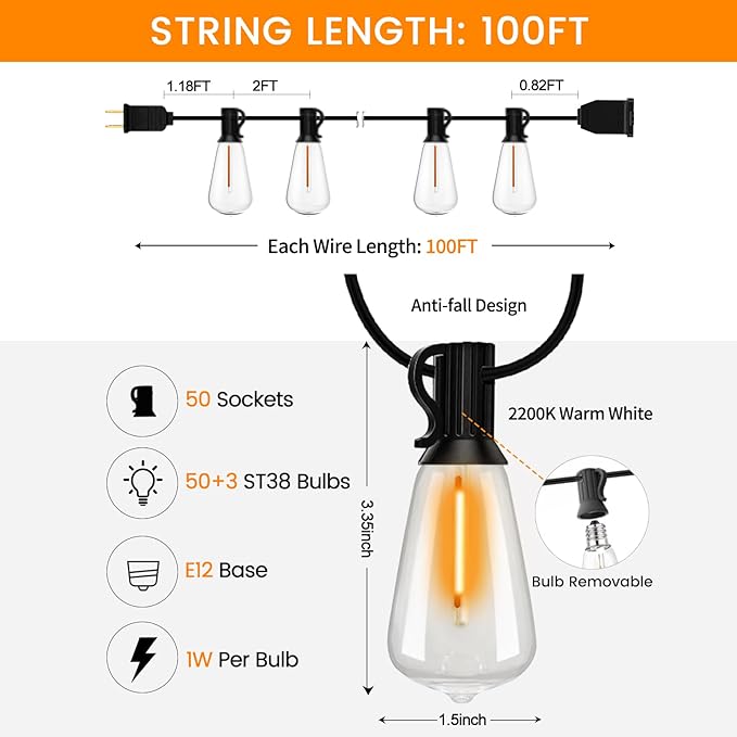 LED Outdoor String Lights 100ft ST38 Waterproof Patio Lights with 50 Vintage Shatterproof Bulbs(3 Spare), Dimmable Outside Hanging Edison String Lights for Backyard Porch Balcony Decor, Warm White