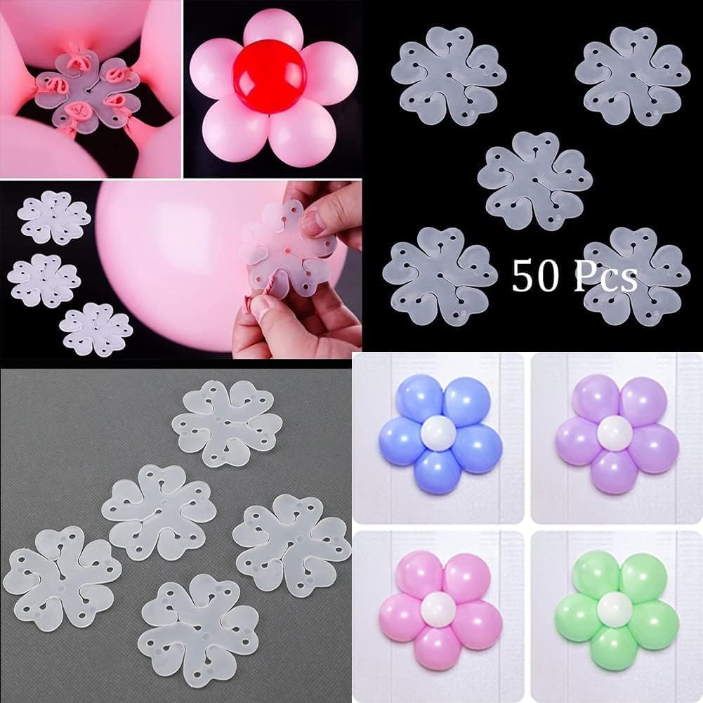 ROYALHOUSE Flower Balloon Clips Flower Shape Balloon Clips Holder 5 Balloon Clip for Party, Wedding, Baby Shower Decorations Reusable Connectors (Clear, Pack of 50)