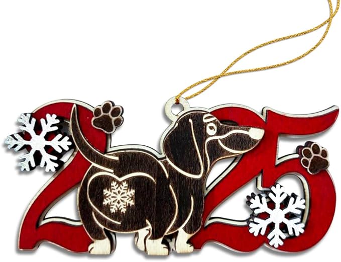 Black Dachshund 2025 Christmas Ornament – Cute Wooden Dog Tree Decoration with Snowflakes & Paw Prints for Dachshund Lovers, Pet Owner Christmas Décor
