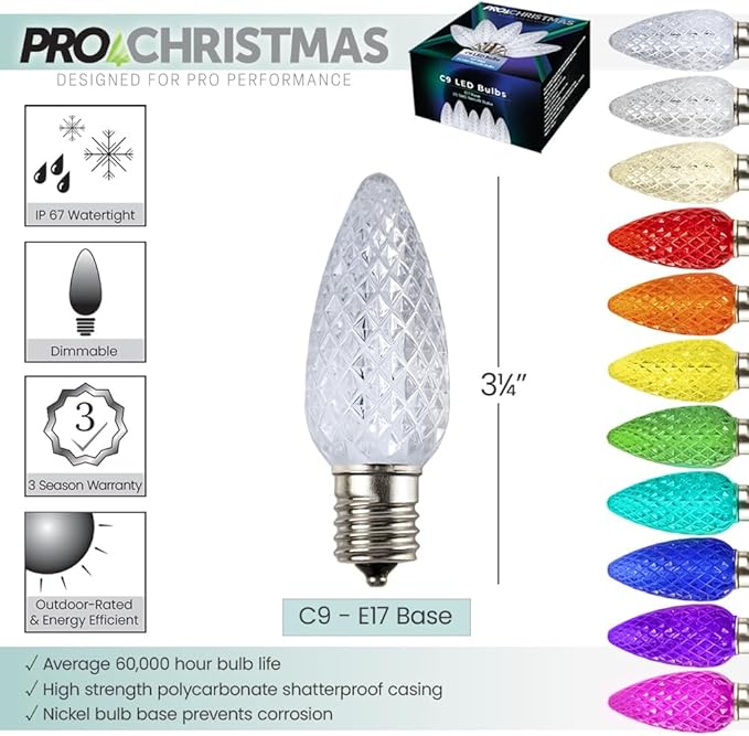 Pro Christmas C9 LED Christmas Light Kit for Rooflines & Pathways – DIY Cut to Length, Outdoor Commercial Grade (White Wire w/Vampire Plugs, 25 Bulbs, 25 ft) Cool White