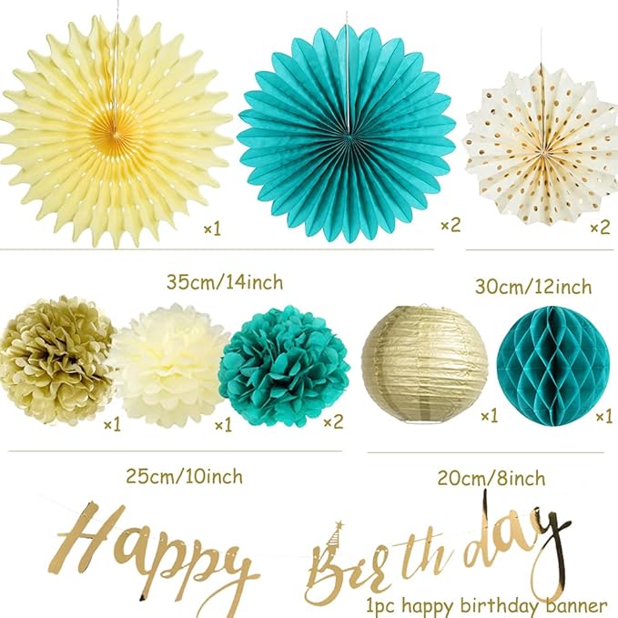 SUNBEAUTY Teal & Gold Party Decorations - Paper Fans, Tissue Pom Poms, Happy Birthday Banner for Baby Showers & Women's 30th/40th Birthdays