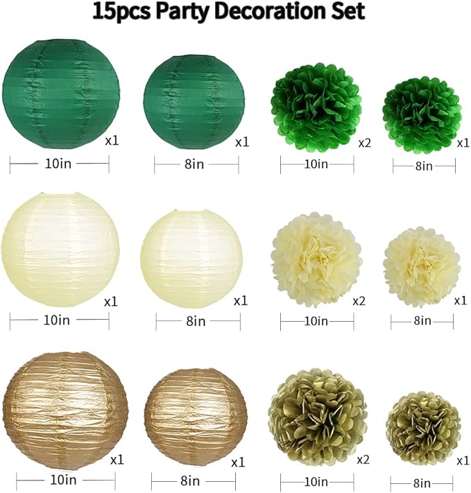 Green Gold Party Decorations, Hanging Paper Lanterns and Pom Poms Flowers for Woodland Baby Shower Graduation Green Birthday Party Decor 15 Pieces