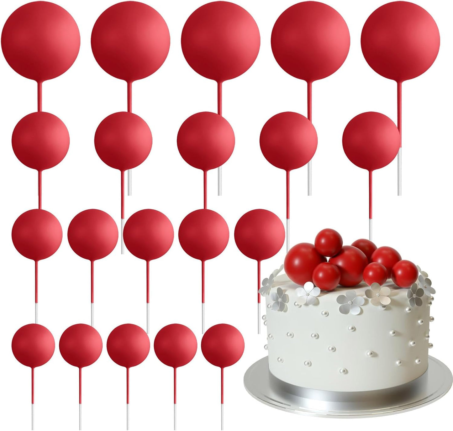 ASTARON 20 Pcs Ball Cake Topper Decorations Mini Balloons Cake Topper Sticks Red Balls Cake Picks Cake Topper Balls for Graduation Birthday Cake Decorations