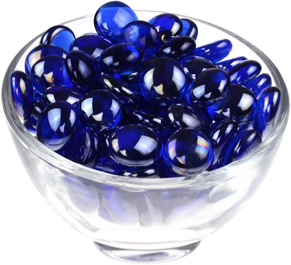 KINGOU Flat Glass Gems/Marbles/Stones/Beads for Vase Filler, Table Scatter, Games - 1 Lbs (17-19mm, Approx. 3/4")- Sapphire Blue Luster