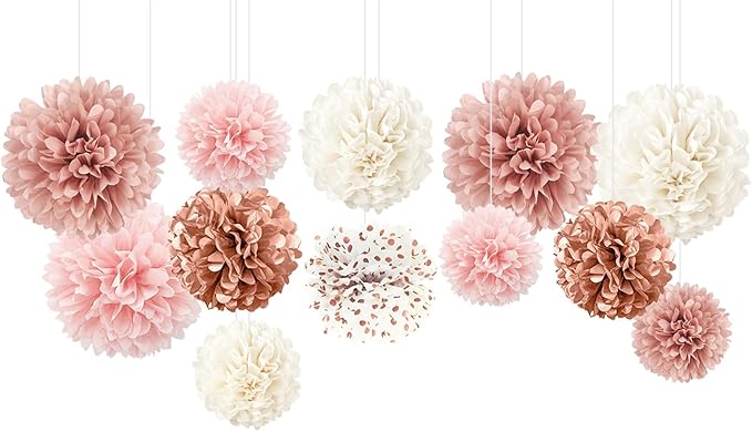 AOBKIAT Wedding Decorations Tissue Paper Pom Poms - 12 PCS Rose Gold Pink White Paper Flower Pom Pom Kit Decorations for Wedding Birthday Baby Shower Bachelorette Bridal Shower Party Supplies
