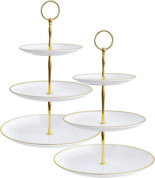 RAUVOLFIA 3 Tier Plastic Cupcake Stand, Tiered Serving Cake Stand, Round White Dessert Stand, Weddings Parties Pastry Serving Tray (2 Pack, White Plate with Gold Rim)