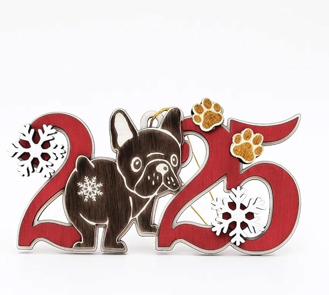 Black French Bulldog 2025 Christmas Ornament – Cute Wooden Dog Tree Decoration with Snowflakes & Paw Prints for Frenchie Lovers, Pet Owner Christmas Décor