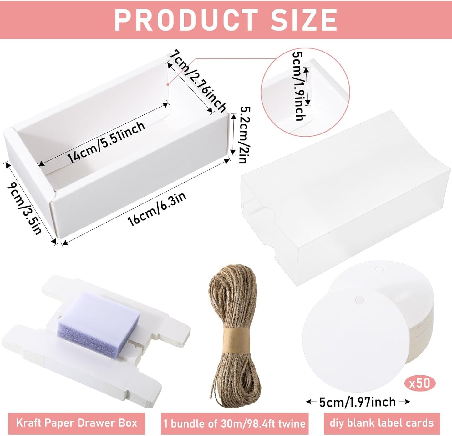 Roowest 50 Sets Kraft Soap Boxes Rectangle Packaging Box with Window Homemade Gift Box with Blank Tags and Jute String for Jewelry Candy Wrapping Party Favor(6.3 x 3.5 x 2 Inch,White)