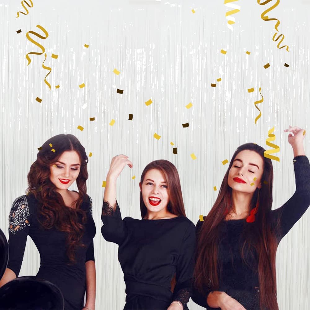 3Pcs White Metallic Tinsel Foil Fringe Curtains, 3.28ft x 6.56ft White Photo Booth Backdrop Streamer Curtain,Photo Booth Props, Bachelorette Party Supplies, Birthday, Christmas,New Year Decorations