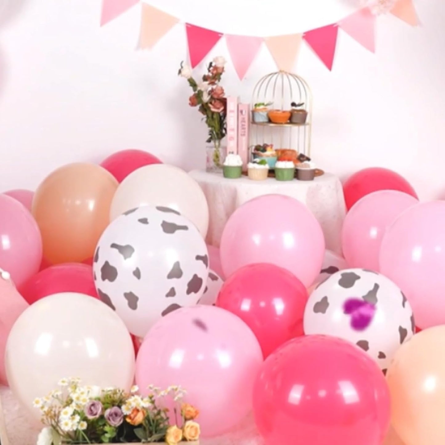 Paready Pink Cow Balloons Set - 50Pcs White Print, 12 Inch Hot Pastel Ivory Apricot for Farm Theme Birthday Cowgirl Baby Shower Supplies