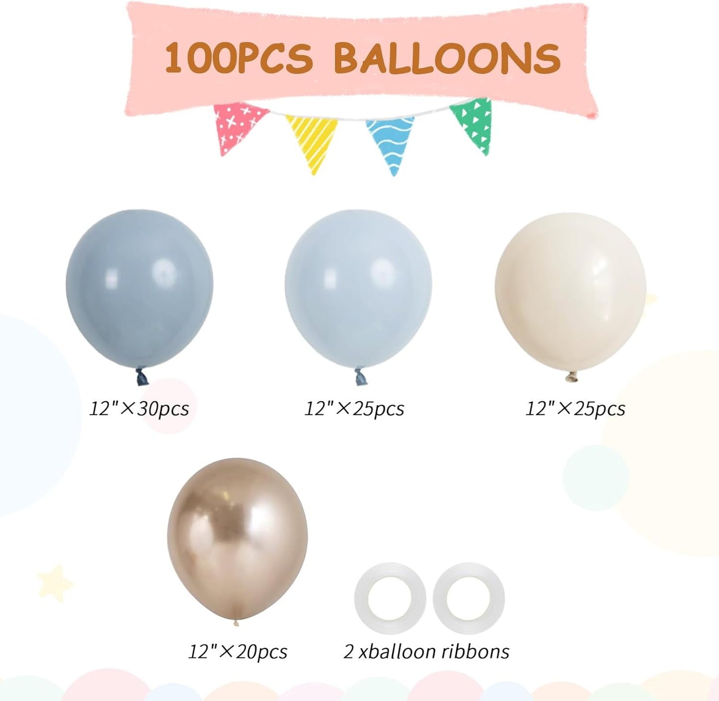 100pcs Dusty Blue and Gold Balloons, 12 Inch Haze Blue Sand White & Metallic Champagne Gold Balloons for Baby Shower Boho Wedding Bridal Shower Party Supplies (66ft Ribbons)