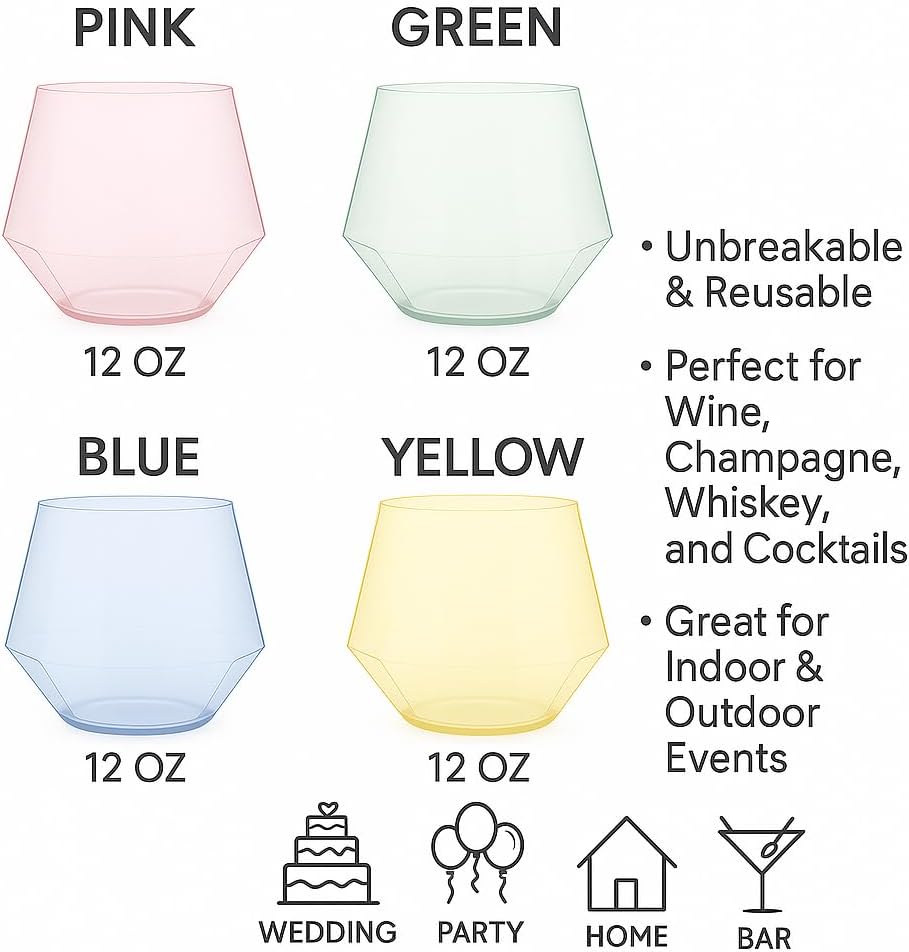 40 count Diamond Unbreakable Stemless Plastic Wine Champagne Whiskey Glasses Elegant Durable Disposable Indoor Outdoor Ideal for Home, Office, Bars, Wedding, 12 Ounce Cups Gold Rim (Color Collection)