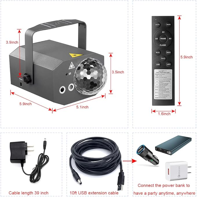 Dj Party Disco Ball Lights with Pattern and Sound Activated, 10 ft USB Cable, Laucnpty LED Stage Strobe Light That Sync with Music, Christmas Rave/Home Karaoke/Dance/Club Bar Lights for Parties