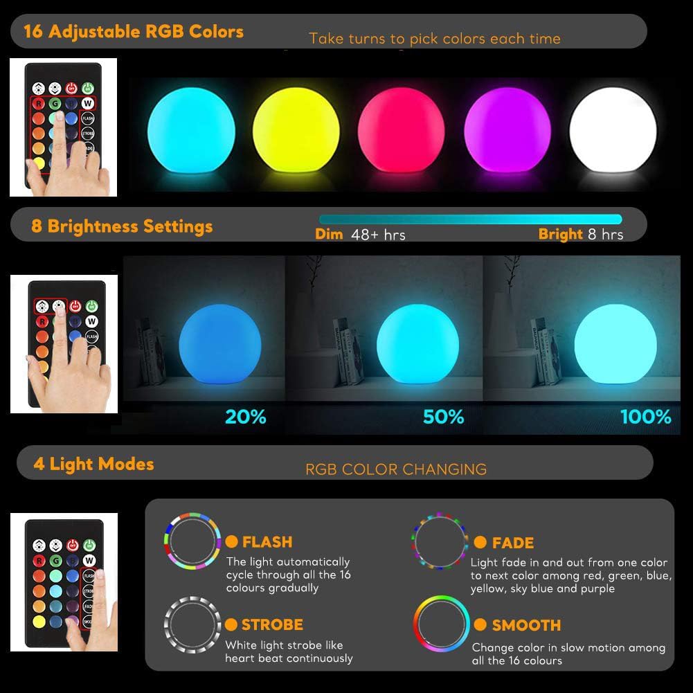 12-Inch LED Ball Light, Changing Glowing Orb Light with Remote, Soft Dimmable Globe Floor Lamp, Rechargeable Globe Mood Lamp, Waterproof Decorative Cordless Night Lights for Home Bedroom Nursery Patio