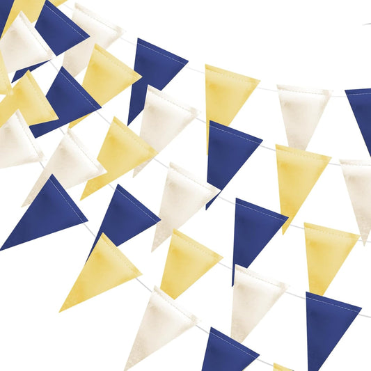 MerryNine Triangle Flag Bunting Banner, 3 Pack Vintage Style Pennant Banner for Wedding, Baby Shower, Event & Party Supplies 45pcs Flags (Navy Blue Gold Beige)
