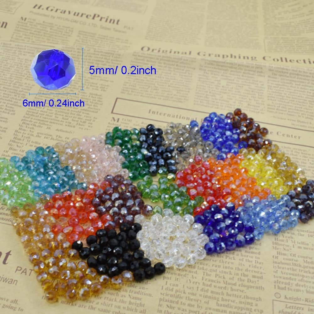 6mm 1200Pcs Briolette Faceted AB Crystal Glass Beads 24 Colors Rondelle Shape for Jewelry Making Bracelets Necklaces DIY Craft Decorative