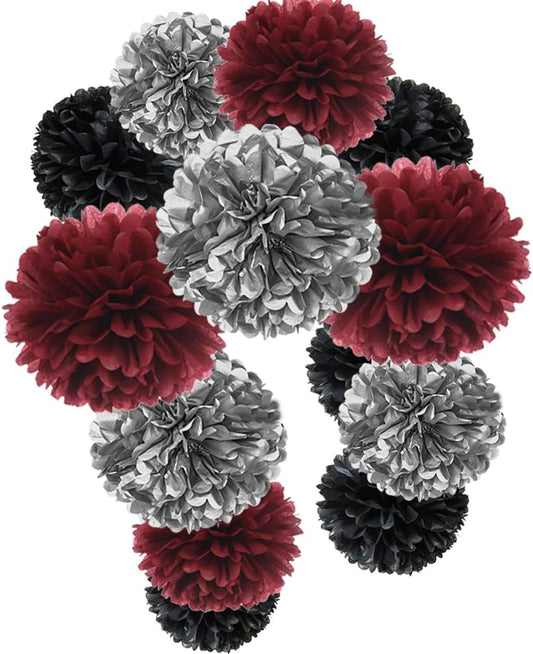 Burgundy Silver Black Tissue Paper Pom Poms Flower for Birthday Wedding Graduation Retirement Party Decoration, 12pc