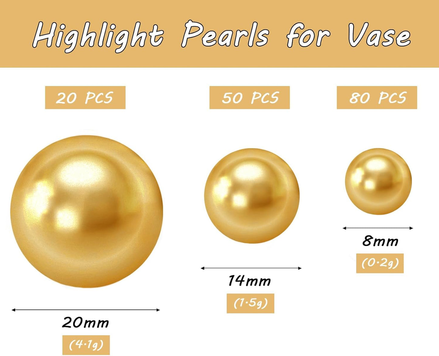 150Pcs Gold Polished No Hole Faux Pearl Beads for Vase Filling Decorations, Plastic Pearls Vase Fillers, Table Scatters, Wedding Centerpiece, Home Decor, 8/14/20 mm