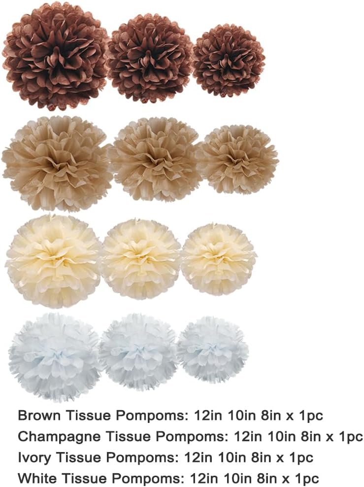 Brown Champagne Tan Ivory and White Tissue Paper Pom Poms Flower for Neutral Baby Shower Birthday Retirement New Year Party Decoration, 12pc