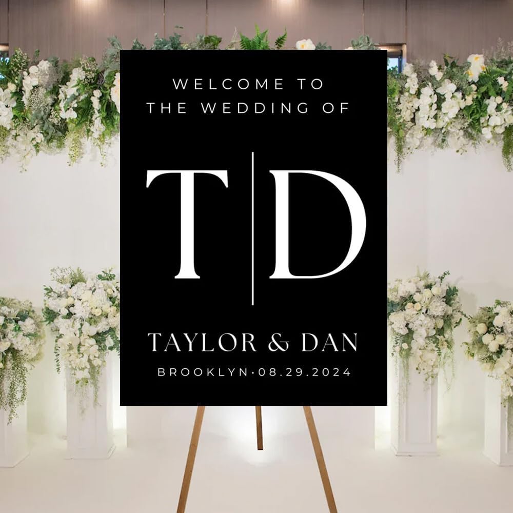 Elegant Custom Wedding Welcome Sign With Stand - Black, Minimalist Design