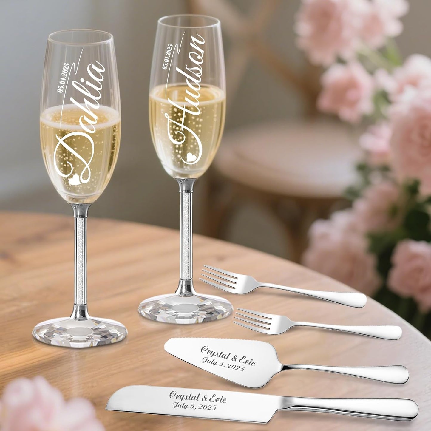 HJX Personalized Wedding Cake Knife and Server Set with Champagne Flutes, Custom Name Text Toasting Glasses for Bride and Groom, Cake Cutting Set Ideal Wedding Engagement Bridal Shower Gift